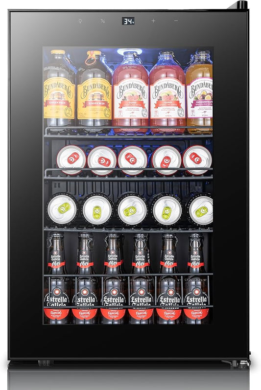 Yeego Beverage Refrigerator Cooler, 85 Cans Drink Mini Fridge with Glass Door for Soda Beer or Wine, Beverage Cooler with 34°F-54°F Digital Temperature Control for Home, Office, Bar