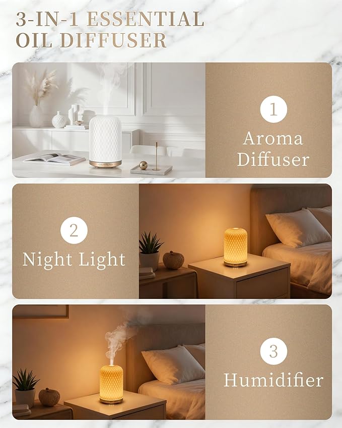 Essential Oil Diffuser - 2.4MHz Ultrasonic Ceramic Diffuser for Home, 120ml, Pulse&Continuous Mist, Bright/Dim/Breathing Lighting, Waterless Auto-Off, Aromatherapy Diffuser with USB Cable
