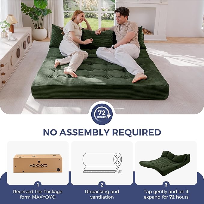 MAXYOYO Folding Sofa Couch, Convertible Floor Sleeper Couch with 3 Pillows, Tufted Floor Oversized Loveseat Couch Tufted Fold Out Chair Bed Comfy Sofa Lounge for Living Room Bedroom, Dark Green