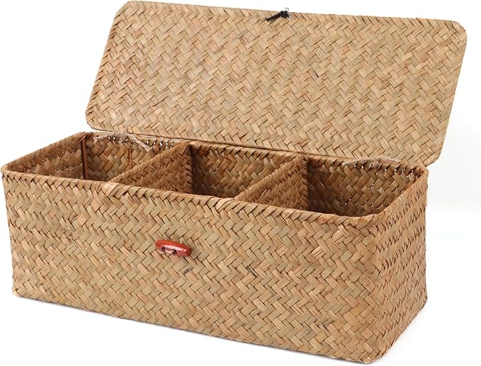 Wicker Shelf Baskets with Lid,Rectangular Seagrass Woven Storage Baskets with Dividers for Bathroom Organizer Small Bins Home Decor (Natural)