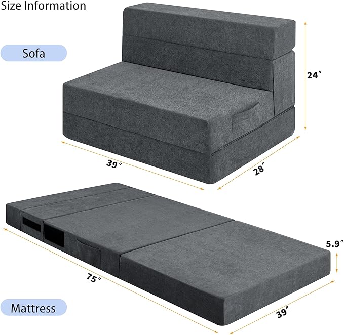 Folding Sofa Bed Chair with Pillow,Convertible Fold Out Chair Bed Sleeper,Foam Floor Mattress, Foldable Futon Couch Bed for Living Room/Dorm/Guest/Office (Grey, Twin)
