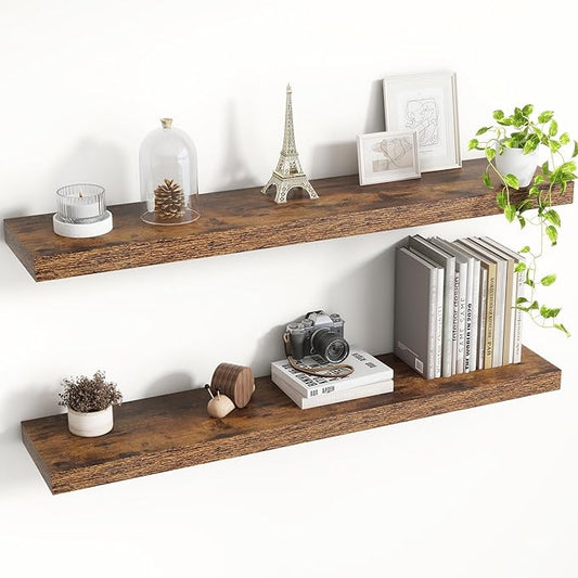 36 Inch Floating Shelves, 8 Inch Deep Floating Shelves for Wall, Hanging Shelf with Invisible Brackets, Deep Shelves for Bathroom, Bedroom, Living Room, Brown, Set of 2