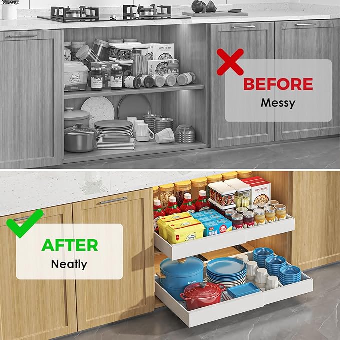 Pull Out Cabinet Organizer, 2PCS 16.5"Deep Expandable Heavy Duty Pull Out Drawers for Cabinets Fixed with Adhesive Film, Peel Stick Slide Out Drawers for Kitchen Pantry Bathroom, No Screw (White)