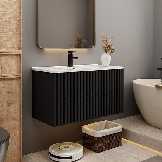 eclife 36" Floating Bathroom Vanity with Sink Combo, Modern Wall Mounted Cabinet with 2 Fluted Drawers, Undermount Sink, Faucet, Drain, Black