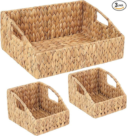 Set of 3 Handwoven Water Hyacinth Storage Baskets – Decorative Natural Wicker Organizer Bins with Built-in Handles for Bathroom, Kitchen, Pantry, Nursery, Closet, Laundry, Living Room, and Home Use