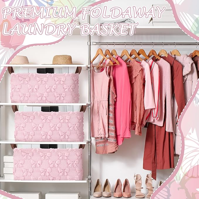 Kathfly 3 Pcs Bow Foldable Storage Baskets Pink Bow Plush Faux Fur Jacquard Design Laundry Basket with Handles Waterproof Storage Bins Fabric Shelf Baskets for Organizing Closet Clothes