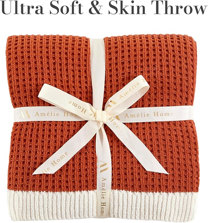 Amélie Home Waffle Throw Blanket for Couch, Soft Cozy Chenille Knit Blanket Warm Decorative Throw for Sofa, 50"x60", Burnt Orange