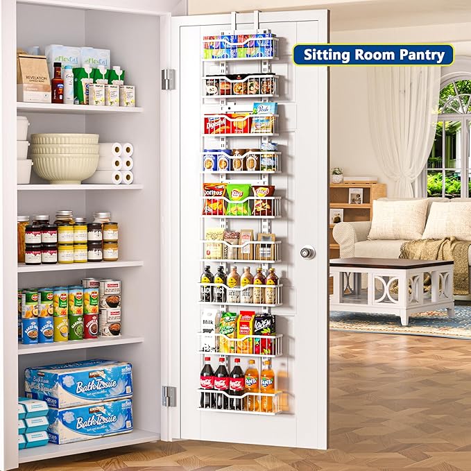EVERIE 9-Tier Over the Door Storage Rack, Metal Hanging Organizer with Heightened Plate Bottom Baskets and Enlarged Hanging Slots, Kitchen Pantry Shelves