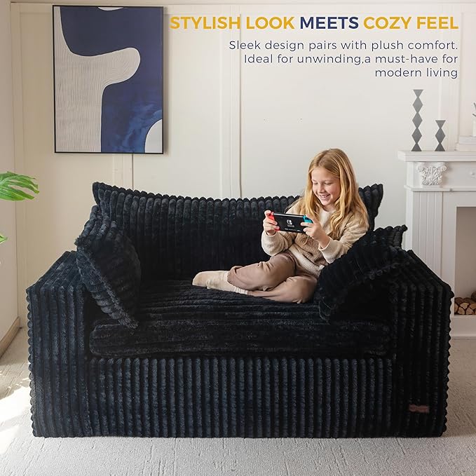 MAXYOYO 59" Bean Bag Sofa Couch, Loveseat Boneless Couch in a Box, Upholstered Small Mini Sofa with Deep Seating for Living Room Bedroom Office Apartment, No Assembly, Black
