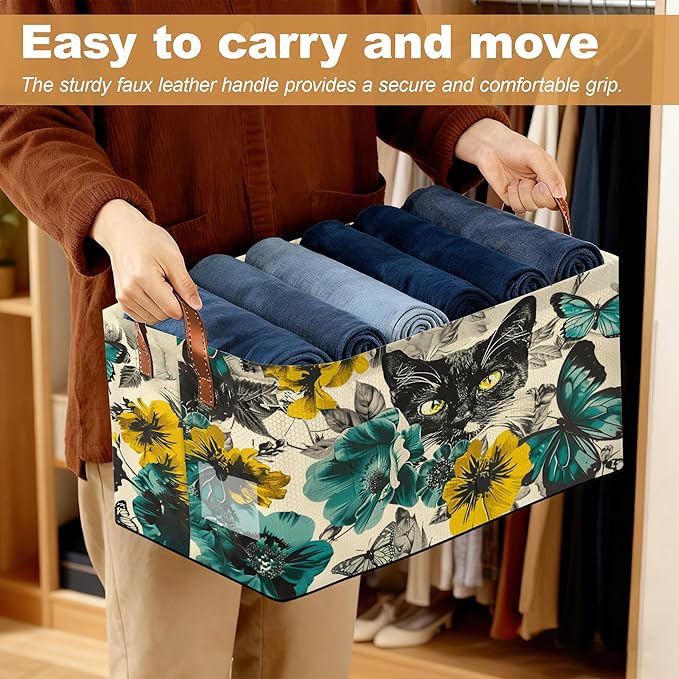 32L Large Storage Bins with Handles, Basket Organizer for Shelves, Closet, Books, Laundry & Home Decor (Flower Black cat)