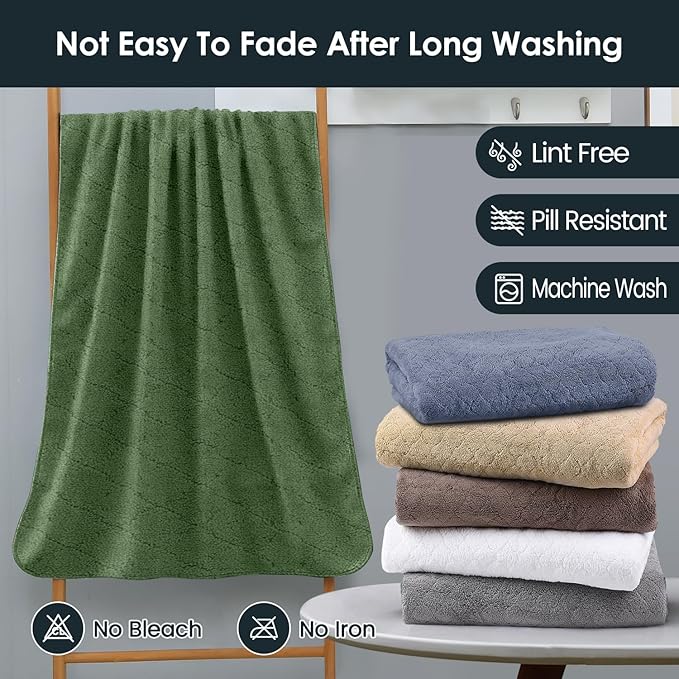 Microfiber Bath Towels Set of 2, Oversized, Ultra Soft, Super Absorbent, Fast Drying, No Fading Large Bathroom Towel for Yoga, Sauna, Travel, Fitness (Coral Fleece - Olive-Green, 30 in x 60 in)