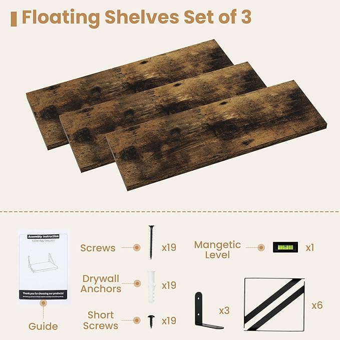Heimlove Floating Book Shelves for Wall,23.6 Inches Wall Bookshelf Mounted Display&Storage Wood Shelves for Kitchen Bathroom Laundry Living Room,Set of 3,Rustic Brown