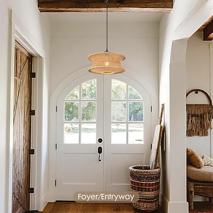 13" Boho Rattan Pendant Light Fixture, Hand Woven Hanging Ceiling Lamp for Kitchen Island, Dining Room, Entryway, Small Rustic Natural Woven Lighting