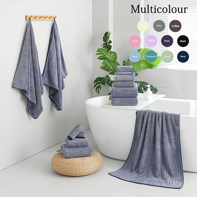 18 Piece Bath Towels Set,100% Microfiber Family Bathroom Towel with Hanging Loops-6 Bath Towels,6 Hand Towels,6 Washcloths,Quick Dry Highly Absorbent Shower Towel for Bathroom,Hotel,Spa-Navy
