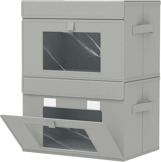 Storage Bins with Lids, Cube Organizer Basket with Window, Closet Boxes with Carrying 2 Handles and Sturdy PP Support Plate, 2 Pack, Grey, 15 x 9.8 x 9.8 In, XSNY17GL-2
