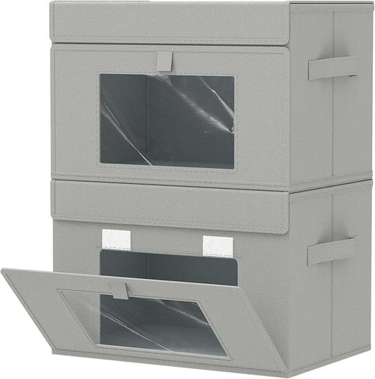 Storage Bins with Lids, Cube Organizer Basket with Window, Closet Boxes with Carrying 2 Handles and Sturdy PP Support Plate, 2 Pack, Grey, 15 x 9.8 x 9.8 In, XSNY17GL-2