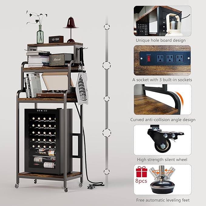 4-Tier Mini Fridge Pegboard Stand with Storage,Mini Fridge Cabinet with Power Outlet,Bakers Rack with Storage Shelf,Microwave Oven Stand,Mini Fridge Shelf for Dorm(Black Wood Grain)
