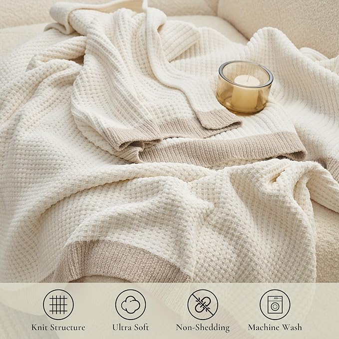 Amélie Home Chenille Throw Blanket, Soft Cozy Waffle Throw for Couch & Sofa, Warm Yet Lightweight, Breathable All-Season Throws for Women Men, Housewarming, Birthdays, 90"x90", Ivory