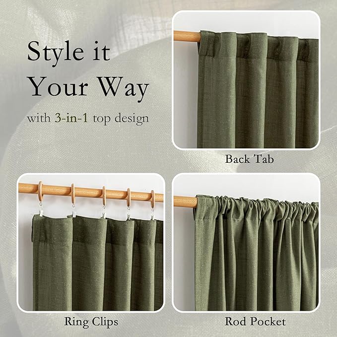 MYSKY HOME 72 Inches Long Semi Sheer Curtains Light Filtering Window Drapes Door Curtains for Closet Doorways, Short Curtain Panels Elegant Look for Classroom/Guestroom, 50" x 72", Olive Green, 2 Pcs