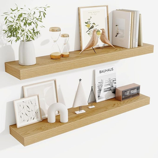 Fun Memories Floating Shelves for Room Wall, 36 Inch Long Shelf Set of 2， Hanging Wood Shelves for Storage & Display, Oak