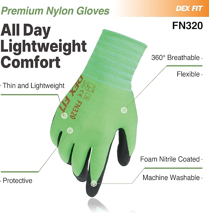 DEX FIT Nylon Work Gloves FN320, 3D Comfort Fit, Power Grip, Lightweight & Breathable, Touchscreen, Gardening, Yard Work, Warehouse, Delivery Driver Gloves; Green 7 (S) 3 Pairs