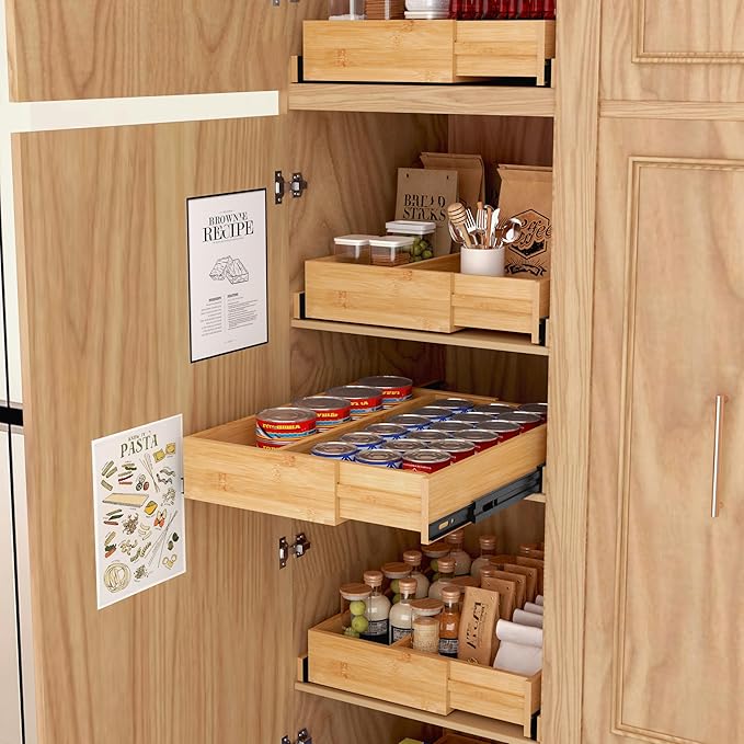 BAMEOS Expandable Pull-Out Cabinet Organizer – 14" to 20" Adjustable Width, Soft-Close Drawers for Kitchen, Pantry, Bathroom & Under Sink, 2-Pack Wooden Storage, 21" Depth, 66 lbs Capacity