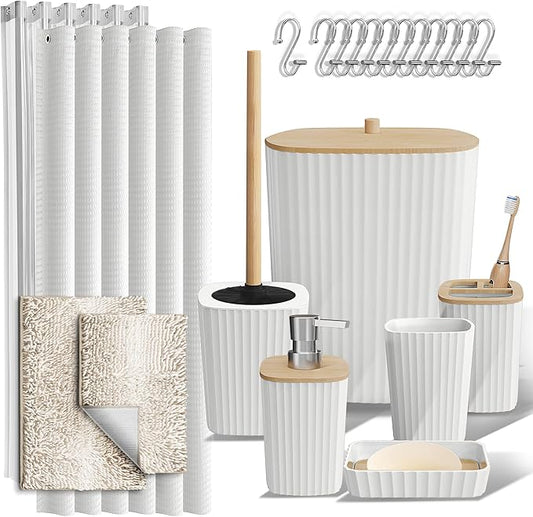 Clara Clark Bathroom Accessories Set - Bathroom Set, Bathroom Sets with Shower Curtain and Rugs, Shower Curtain Set with Bathroom Trash Can - Ombre White - 22PC