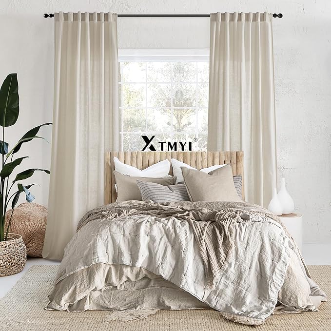 Rod Pocket Curtains for Traverse Rod with Hooks or Tap Tie Top with Clip Rings,Linen Back Tab Boho Sheer Country Curtain Draperies for Bedroom Living Room Dining,Warm Grey Greyish Beige,90 Inch Long