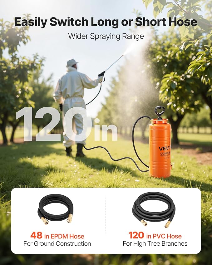Industrial Concrete Sprayer, 3.5 Gallon Stainless Steel Sprayer, Heavy Duty Tri-Poxy Pump Sprayers, 20.5"Wand with Ergonomic Gun Handle, 48"& 120"Hose, 2 Brass Nozzles for Construction, Garden
