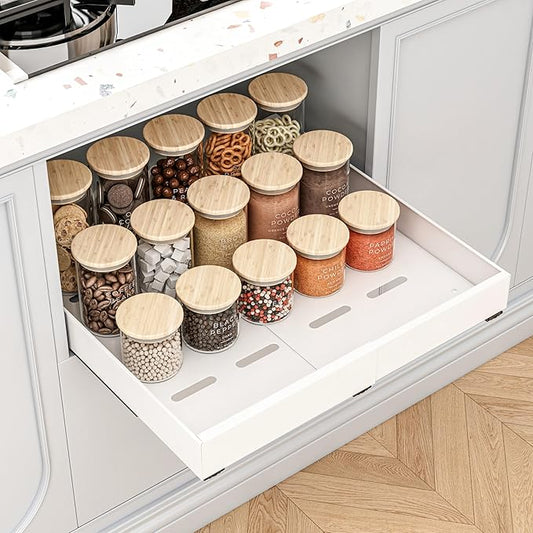 Expandable Pull Out Cabinet Organizer, 21" Deep Expandable (12.6" - 20.5") 3 Heavy Duty Slide Drawers Pull Out Drawers for Kitchen Storage Cabinet (White)