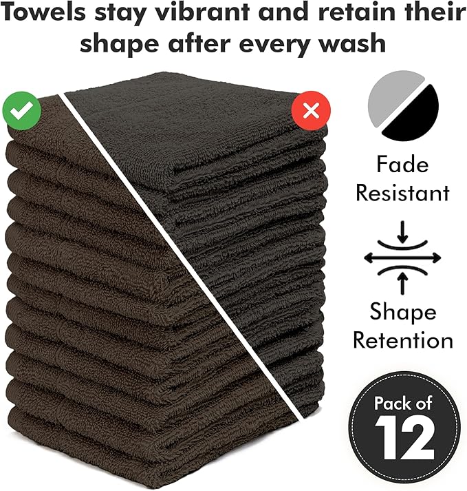 Face Towels Pack of 12 – 100% Cotton Wash Cloths (12x12 inch) – Soft, Quick Dry & Highly Absorbent Hand Towels for Bathroom, Spa, Gym, Kitchen and for Daily Use - (Dark Brown)