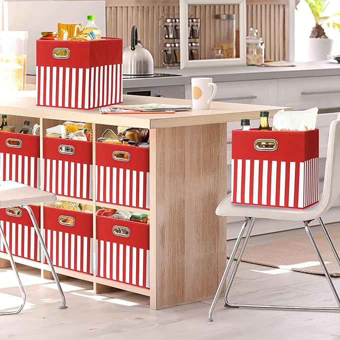 SIMPLE HOUSEWARE 13-Inch Collapsible Fabric Cube Storage Bin with Handles, Printed Design, 3 Pack, Red