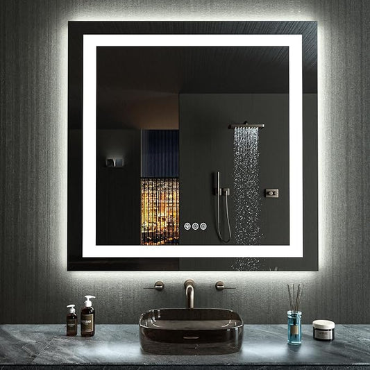 LOAAO 32"X32" LED Bathroom Mirror with Lights, Anti-Fog, Dimmable, RGB Backlit + Front Lighted, Bathroom Vanity Mirror for Wall, Memory Function, Waterproof, Tempered Glass
