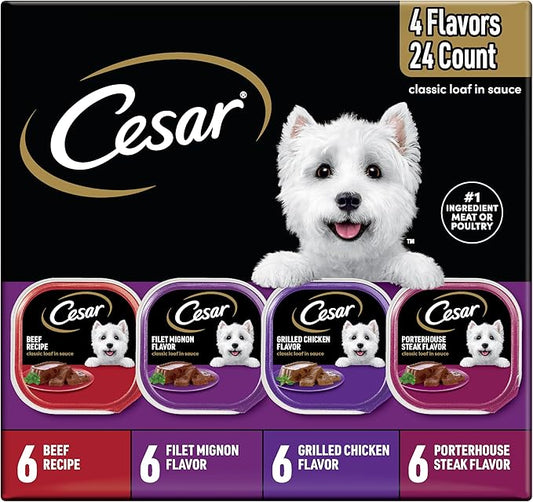 Cesar Wet Dog Food Classic Loaf in Sauce, Breakfast and Dinner with Grilled Steak & Eggs Flavor, and Chicken & Liver Flavor, 3.5 oz. Easy Peel Trays, Variety Pack 24 Count (Pack of 1)