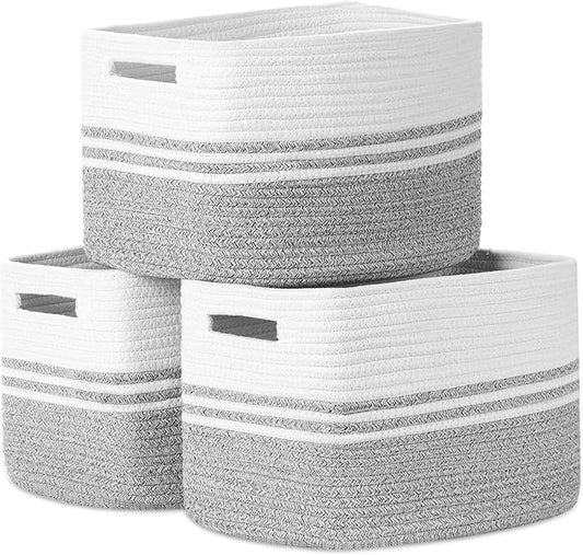 Woven Storage Baskets, Set of 3 Rope Baskets for Storage Clothes, Towels, Versatile Boho Storage Bins (White&Grey, 13"x9.8"x8.5")