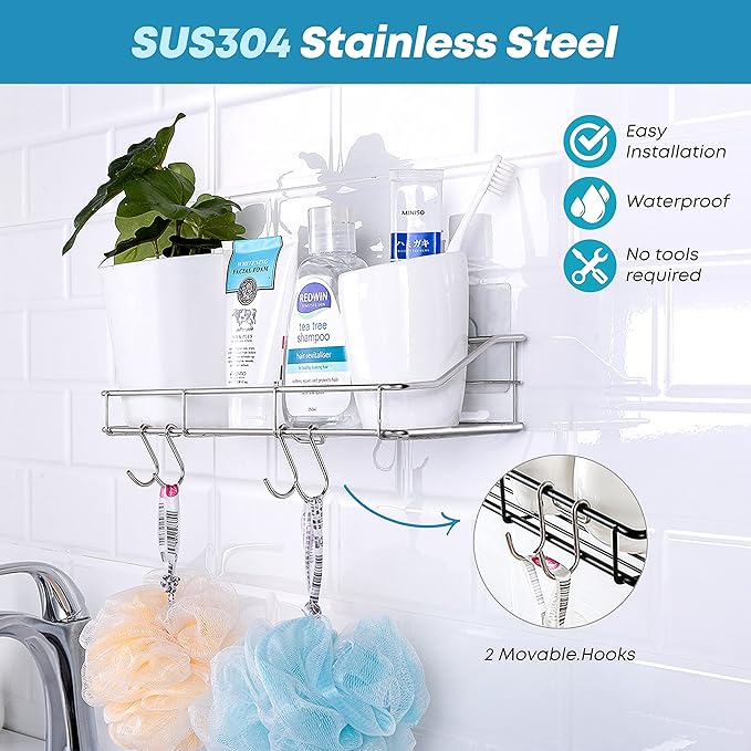 KESOL Adhesive Shower Caddy Shower Shelf Organizer for Bathroom Organization with Hooks, SUS304 Stainless Steel, 2 Pack (Silver)