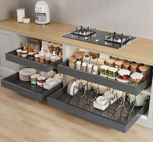 4 Pack Pull out Cabinet Organizer 21" Deep With Raising Pad for Framed Cabinets,Expandable (15.2"-26.3"W) Slide out Drawers for Kitchen Cabinets with 4pcs Divider Racks,Roll out Shelves,Black