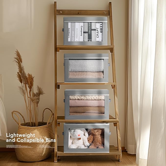 Decorative Bins with Lids - Stackable Cube Bins for Closet, 3 Pack Clear Windows Fabric Organizer Bins, Home Organizers and Storage for Clothes, CD, Towels, Grey