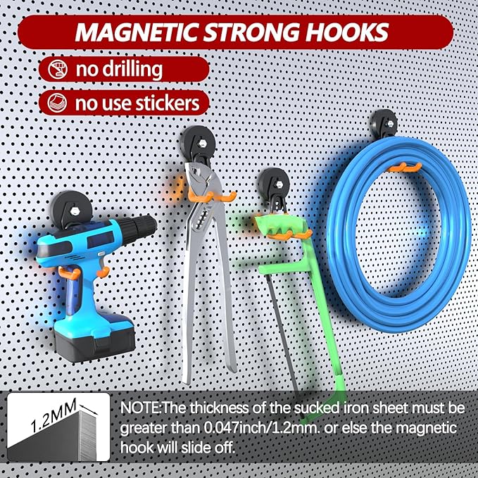 3-H Heavy Duty Magnet Garage Hooks 4 Pack, Large Strong Magnetic Hooks for Hanging Cordless Power Drill, Utility Magnetic Tool Holder for Metal Cabinet, Steel Pegboard, Toolbox, Garage(Orange)
