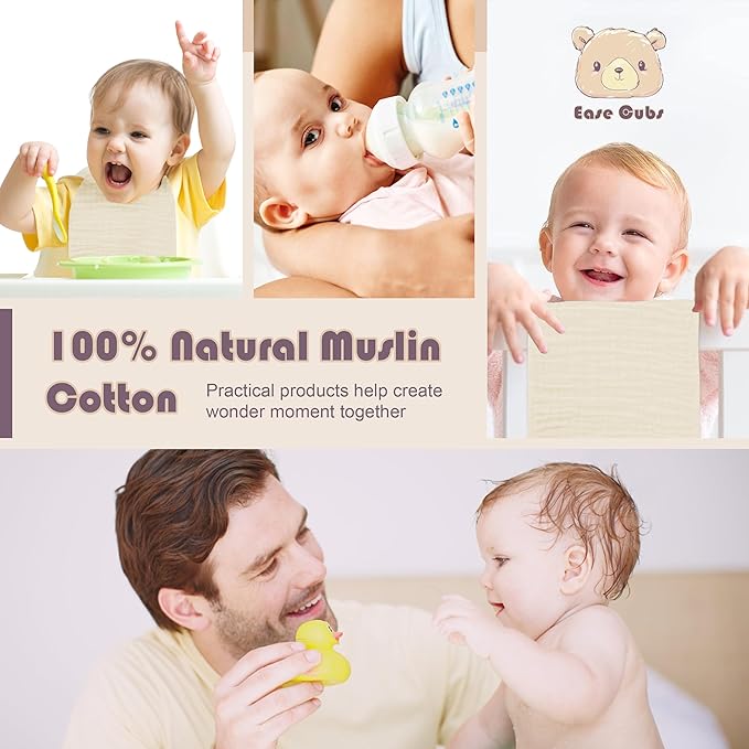Muslin Burp Cloths Large 100% Cotton Hand Washcloths for Boys & Girls, Baby Essentials Extra Absorbent and Soft Burping Rags for Newborn Registry (Ivory, 12-Pack, 20" X10")