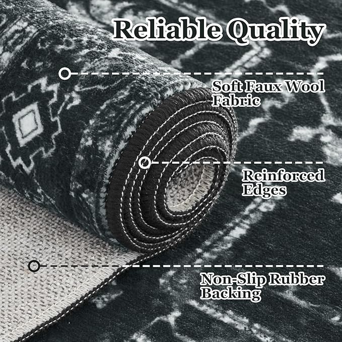 Distressed Black Kitchen 2x3 Rugs Non Slip Washable, Vintage Medallion Pinted Dark Door Mat Indoor Entrance Entryway, Small Low Pile Rugs for Bathroom Vanity/Laundry Room/Bedroom
