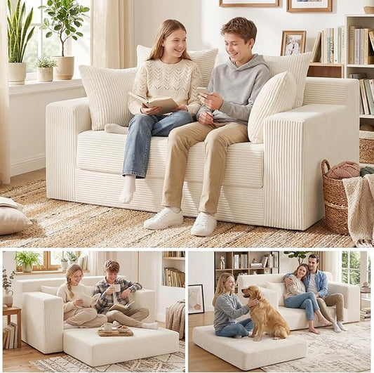 5 in 1 Convertible Sofa Bed,Small Boneless Couch Pull Out Loveseat Sleeper Sofa,Corduroy Futon Couch Folding Mattress with 4 Pillows for Living Room Bedroom Lounge (No Assembly)