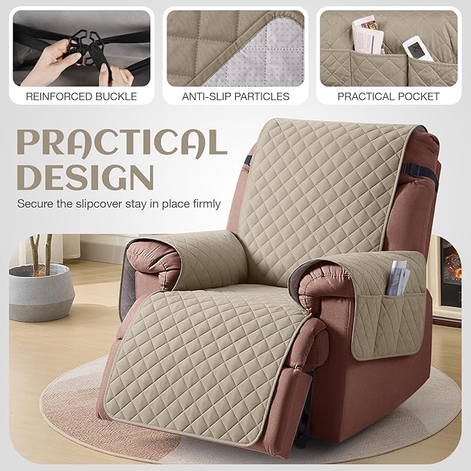 KinCam 100% Waterproof Recliner Chair Cover, Reclining Couch Covers for Pets, Dogs, Recliner Couch Slipcover Furniture Protector with Elastic Straps for Kids(25", Khaki)