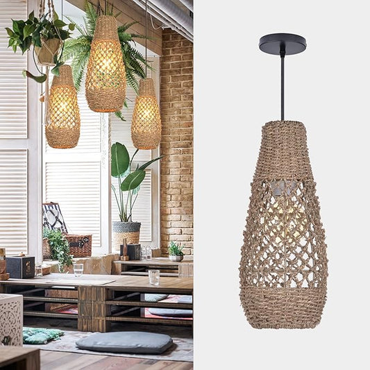 1 Light Boho Rattan Pendant Light Fixtures, Mini Farmhouse Natural Chandelier Pendant Light, Retro Wicker Hanging Lamp for Kitchen Island