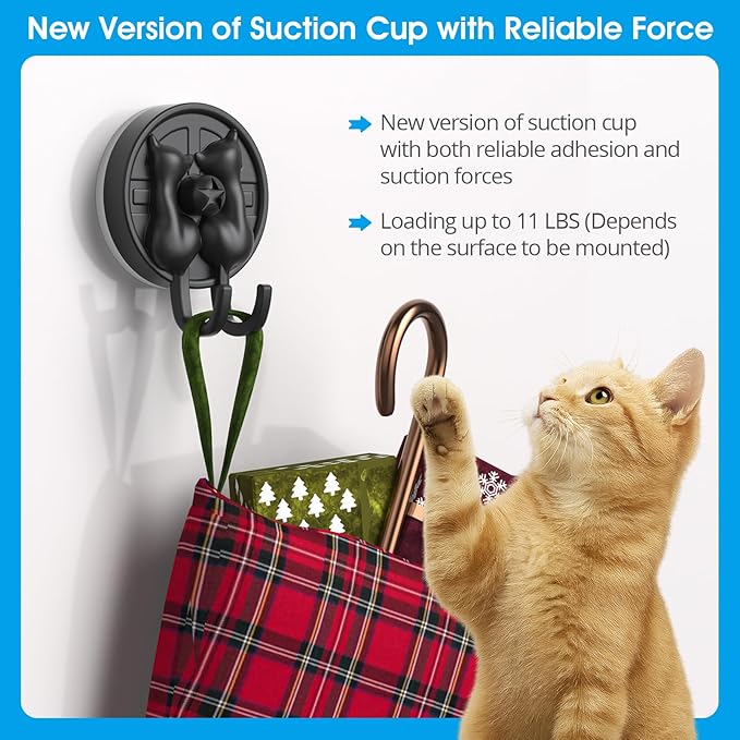 AST Cute Double-Cat Suction Cup Hook, 4 Pack, Heavy Duty Hooks, Upgraded Reliable Force of Both Adhesion and Vacuum, Wall Holders for Loofah, Towel, Coat and Bath Robe, Waterproof Hanger, Matte Black