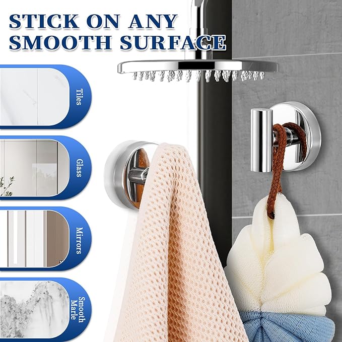 Heavy Duty Reusable Suction Cup Hooks for Shower - No Drill Bathroom/Glass/Mirror/Tiles & Metal Surfaces,and Smooth Non-Porous Surfaces for Towels, Robes, Loofahs (4, Chrome Polished)