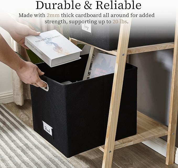 DECOMOMO Black Storage Bins 13x15x13 Storage Cube Bins with Labels, Felt Baskets for Organizing Shelves (Kallax / 4pcs, Felt Black)