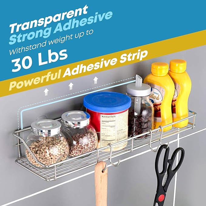 KESOL Adhesive Shower Caddy Shower Shelf Organizer for Bathroom Organization with Hooks, SUS304 Stainless Steel, 2 Pack (Silver)