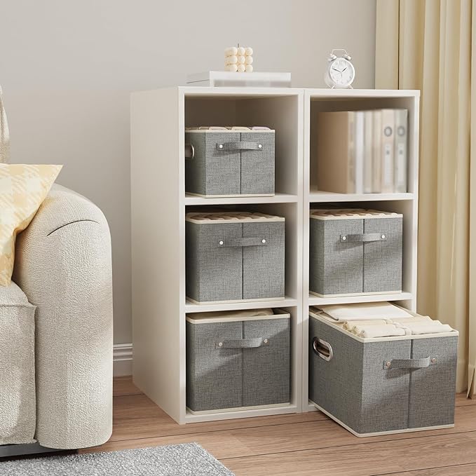Fabric Open Storage Bins with Metal Handles, Collapsible Organizer Baskets, Foldable Cube Boxes for Shelves, Closet, Living Room, 13x9.1x7.9in, Grey, 2 Pack