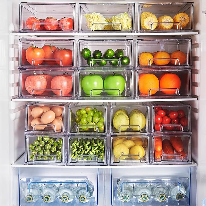 PeJeyiee 2 Pack Stackable Pull-Out Storage Drawers，Plastic Clear Organizer Bins with Handles，Easily Clean for Craft, and Toy Organization，Kitchen Undersink，Cabinet，Fridge，Closet，Pantry，Office，Bathroom